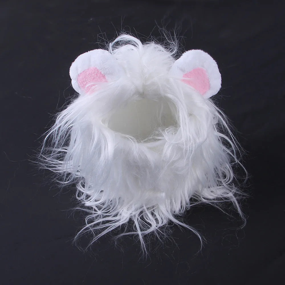 Black and white lion mane wig hat headgear for a cat or small dog wearing the costume.