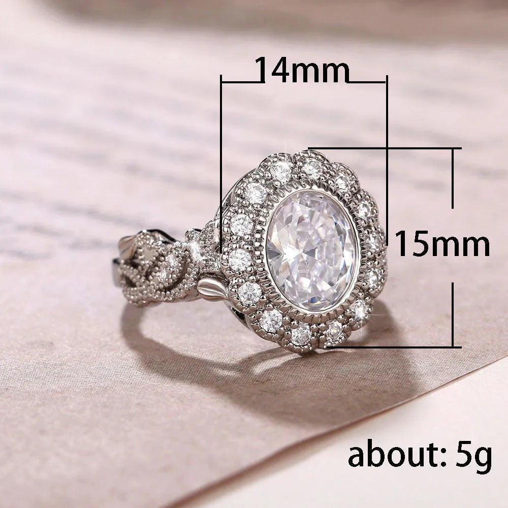 Women's copper ring with white gold plating and full round zircon stone setting in a geometry shape.