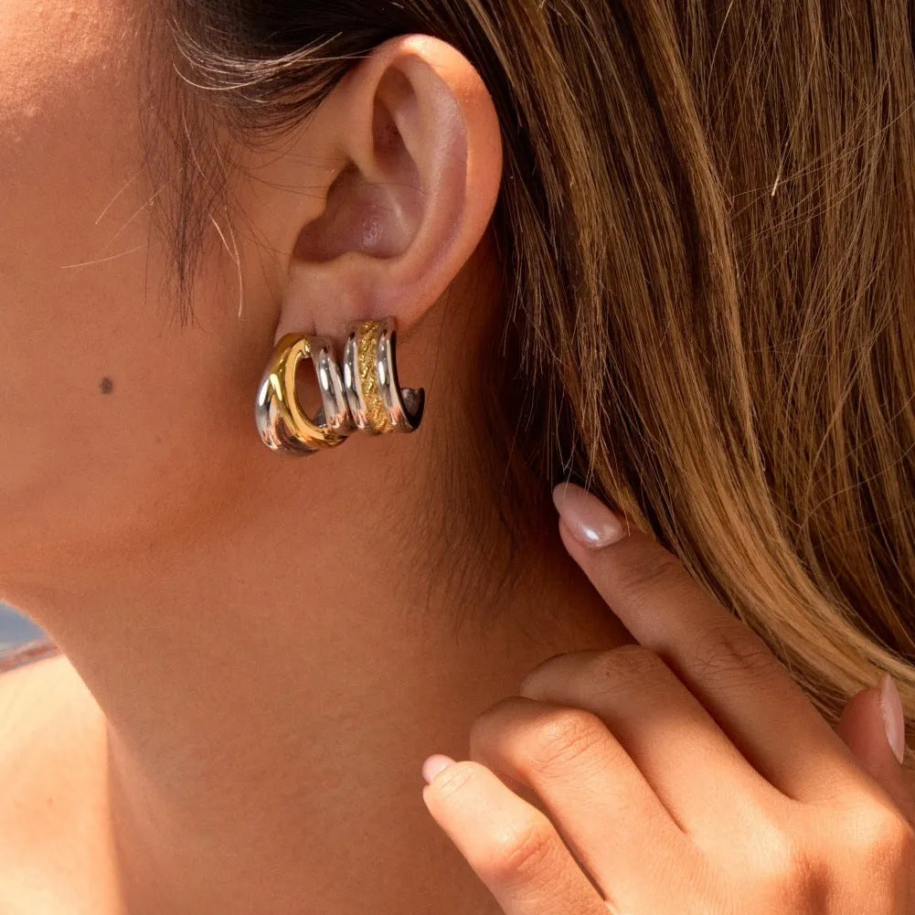 Stainless steel geometric earrings with 18K electroplating, gold and silver colour matching, one pair