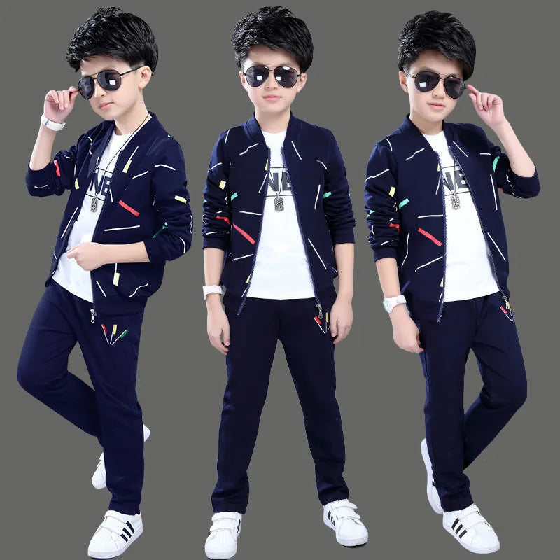 Boys' two-piece cotton outfit with printed coat and pants in navy blue, black or wine red, sizes 120-160.