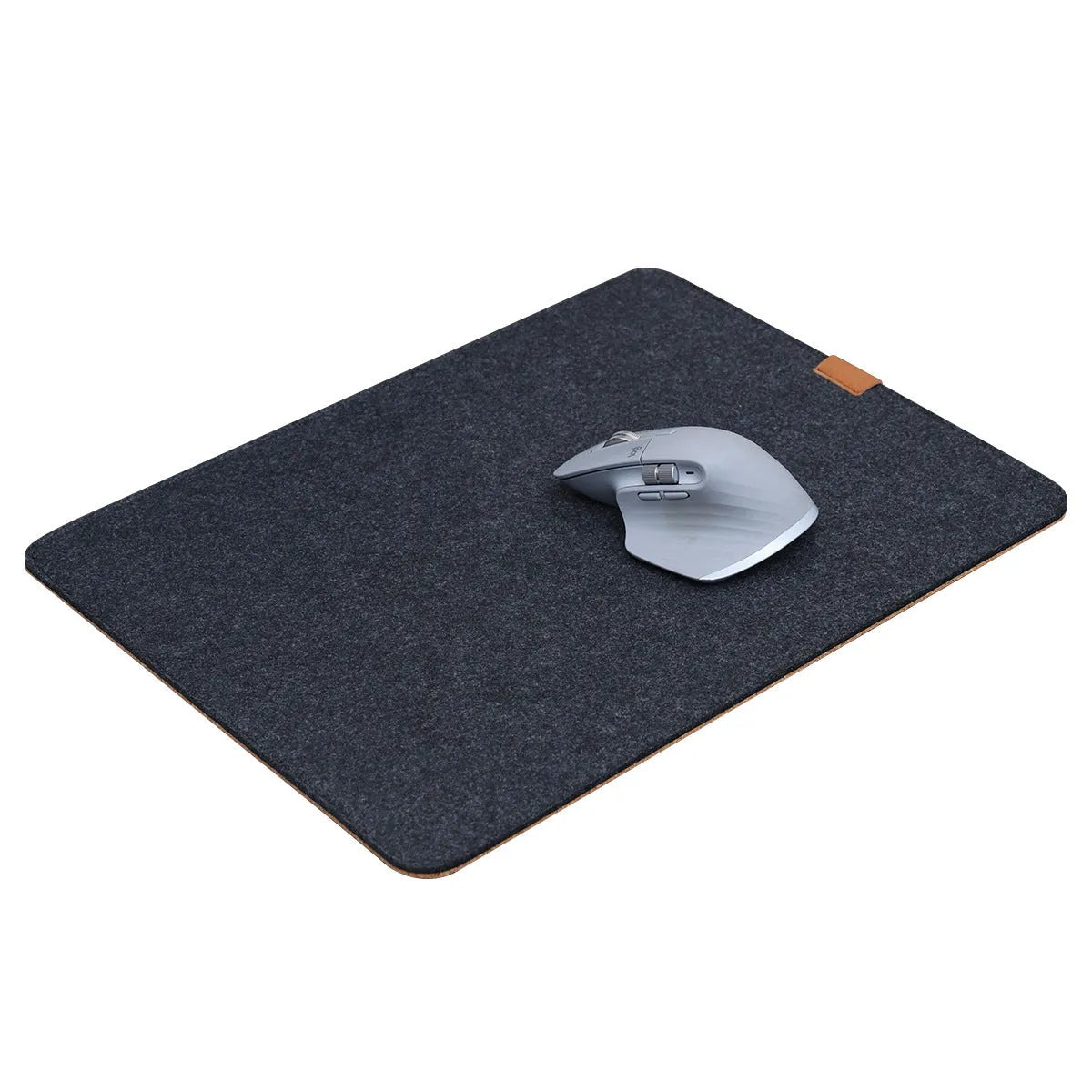 Oversized grey felt and cork office mouse mat on a wooden desk