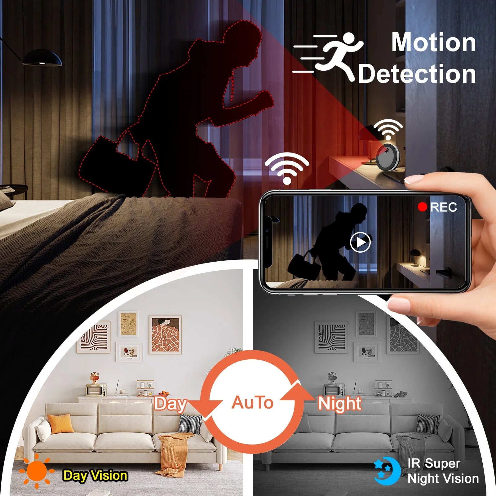Black wireless smart surveillance camera with night vision and voice conversation on a desk