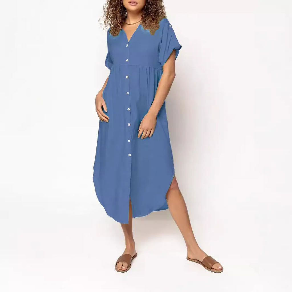 Loose fit casual midi dress with button front in solid colour on a model