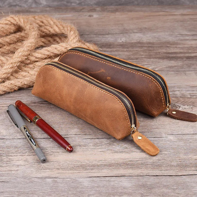 Handmade genuine leather pencil case in square design with zipper closure