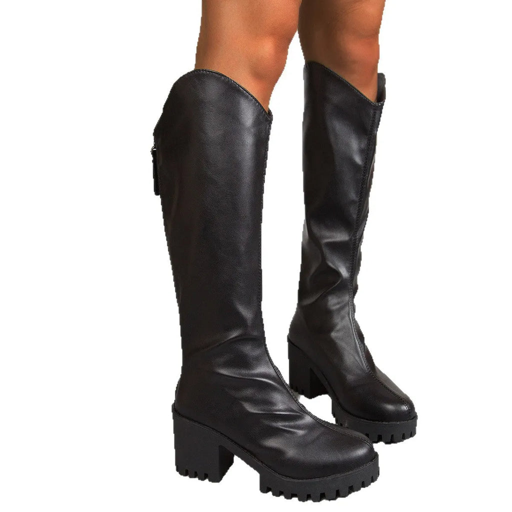 Black V-neck knee-high boots with chunky 6-8CM heel, back zipper, and waterproof platform, sizes 35-43.