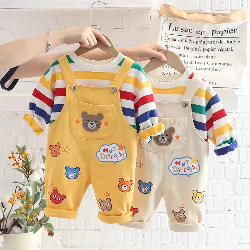 Boys' plaid top and strap trousers set in yellow or milky white, cotton outfit, sizes 80cm to 120cm