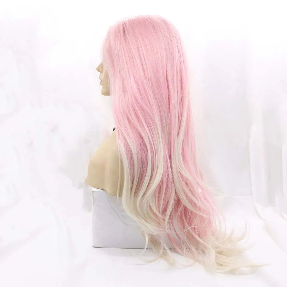Ladies pink gradient big wave fluffy fashion wig on display
