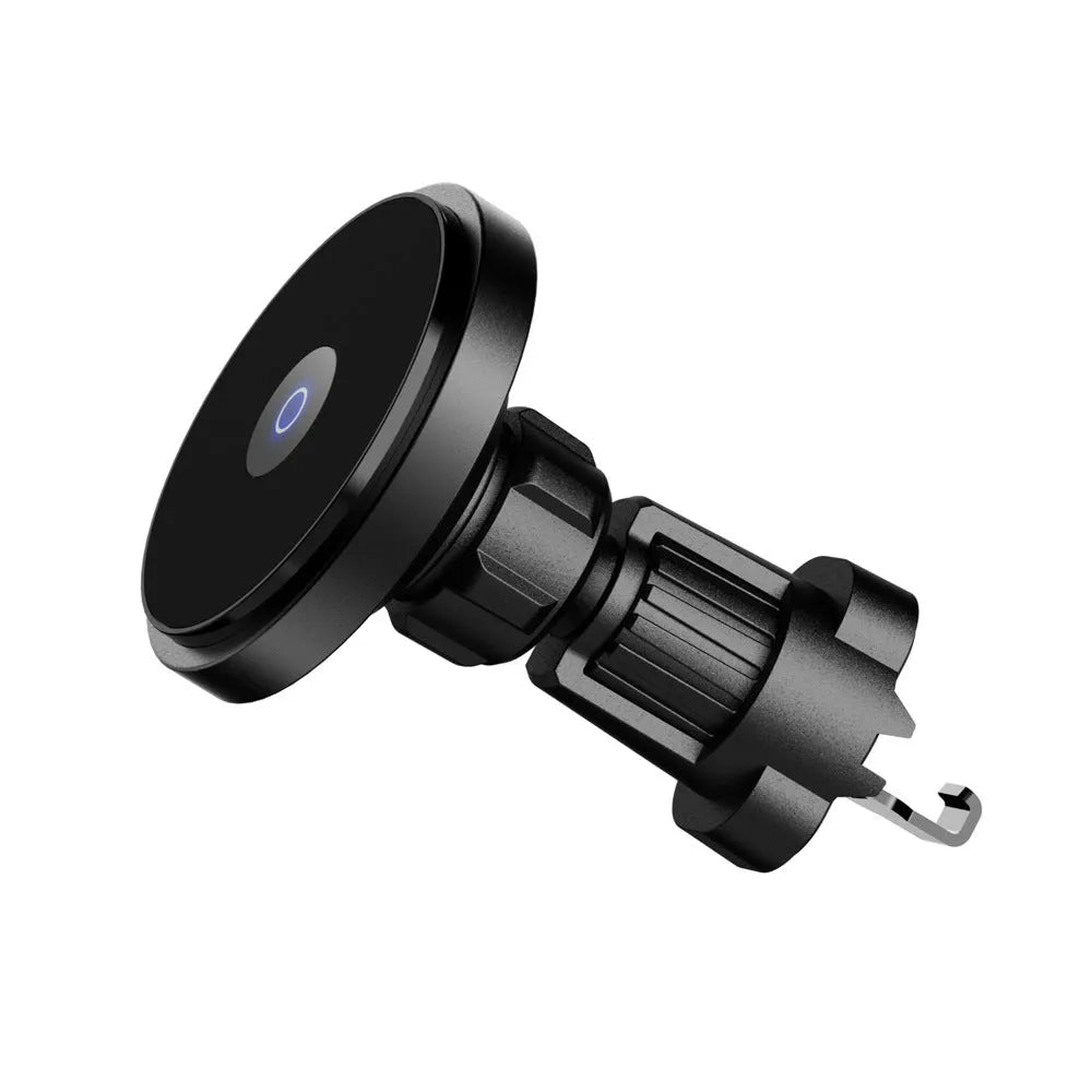 Metal 15W magnetic wireless car charger mounted on a car air vent, showing black, blue, and silver colour options.
