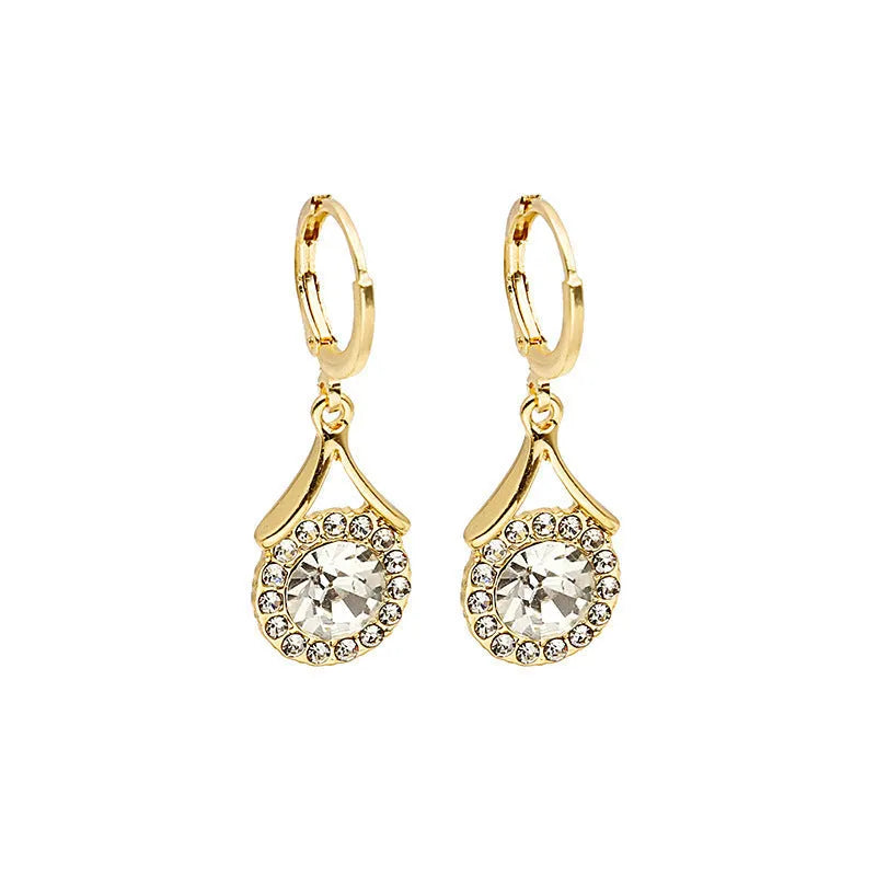 Gold grey geometric round ring earrings with rhinestone detail for women, one pair