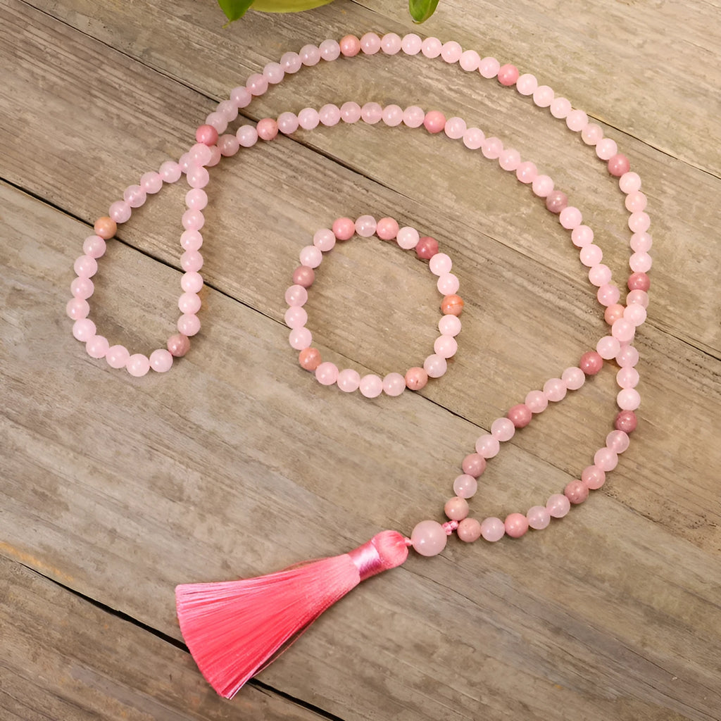 Stone bead string necklace bracelet set with tassel fringe detailing and adjustable length