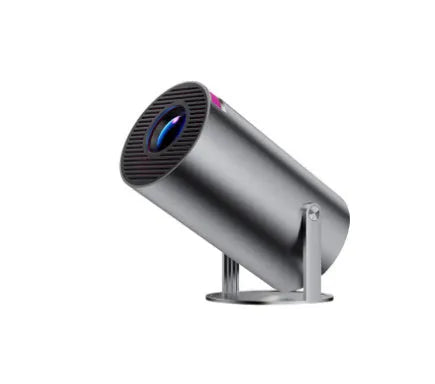 Portable home video projector with 180-degree stand, auto focus, 130-inch screen, and HY300 model in black.