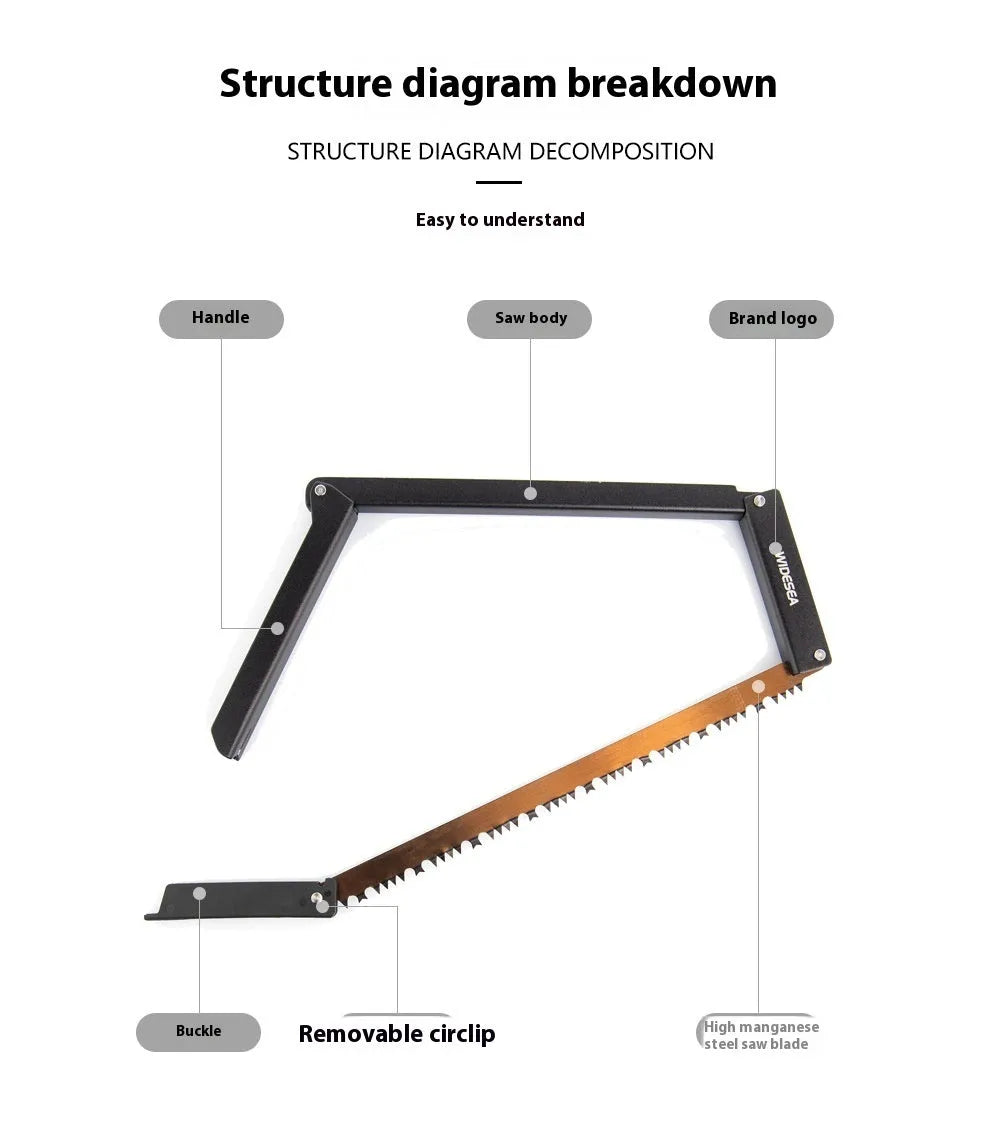 Black foldable outdoor survival saw with aluminium and nylon frame, showing folded design.