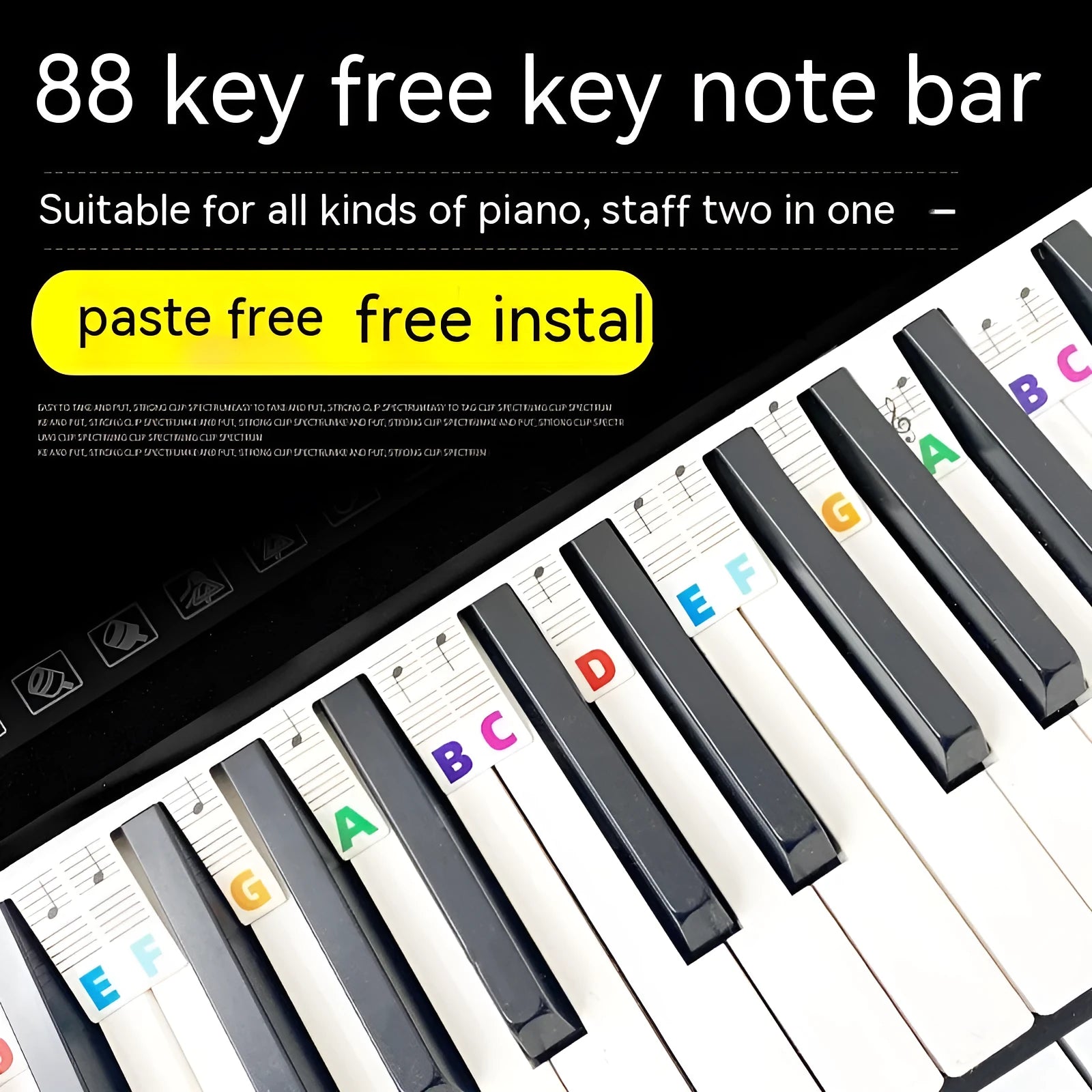 Piano keyboard note stickers on white card for 88-key pianos showing colour bars and black notation