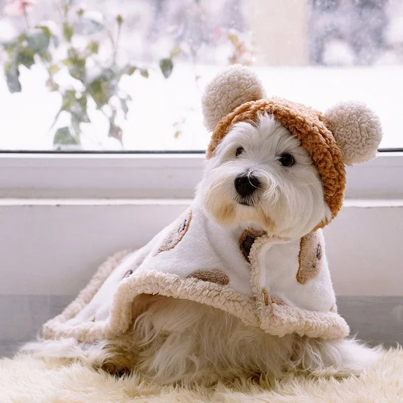 Coral fleece dog cloak robe warm bear cape in brown or pink, sizes S M L for small dogs