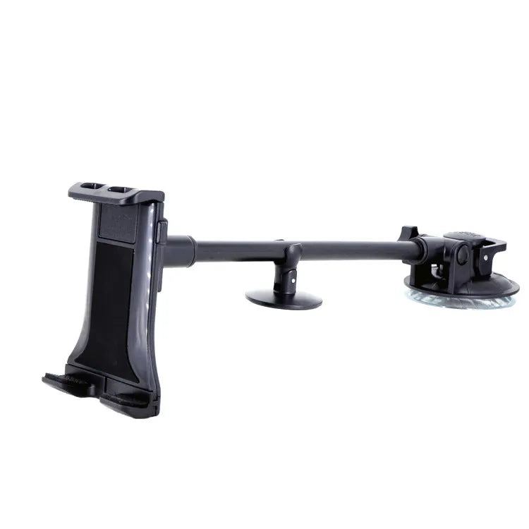 Black lifting-style car tablet holder with suction cup, holding a large tablet.