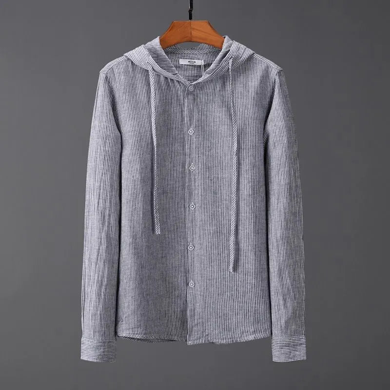 Hooded Tether Thin Loose Long Linen Sleeves Men's Shirt Plus Size Stripes Comfort Fit Pullover Adult Male Casual Leisure Top White Black Gray Sky Blue Apricot Wool Lining Four-Sided Elastic Fabric