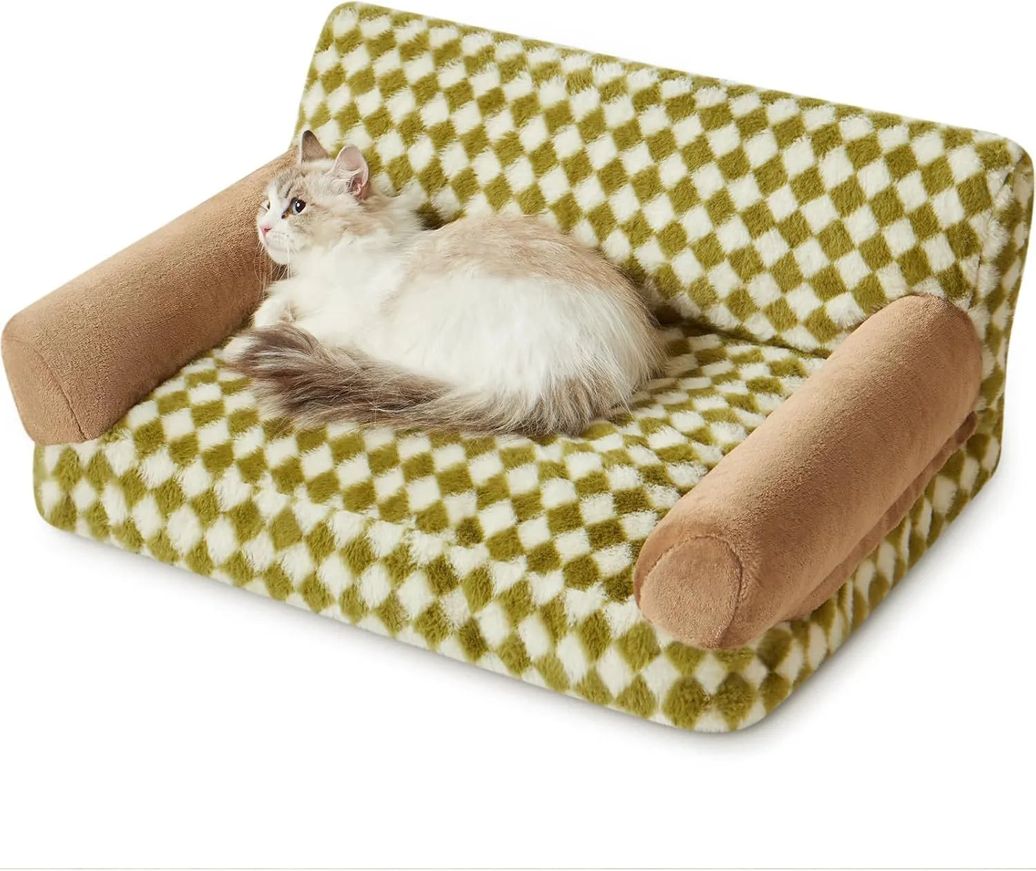 Checkered pet couch bed for small dogs and cats on a wooden floor, showing its raised design and removable cover.