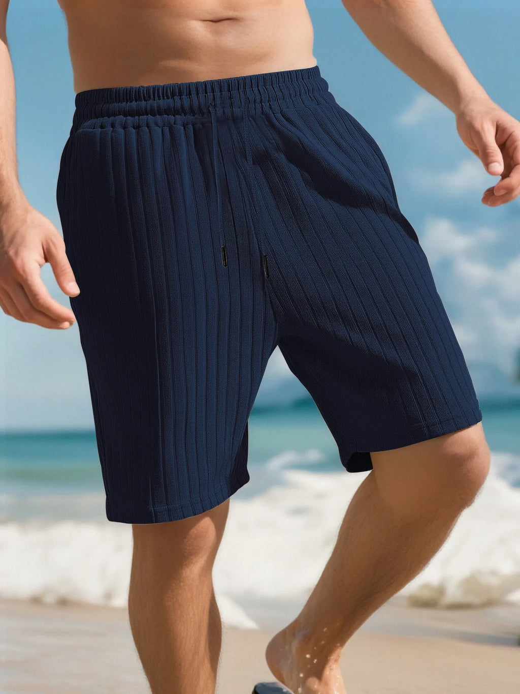 Men's striped linen-style sports shorts with elastic waist in multiple colour options