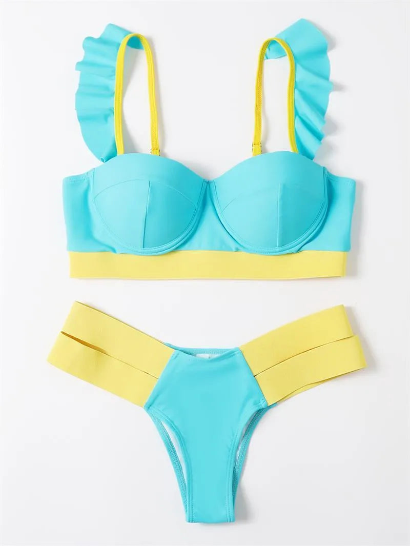 Women's steel bracket push-up bikini swimsuit in contrast colours with nylon fabric construction