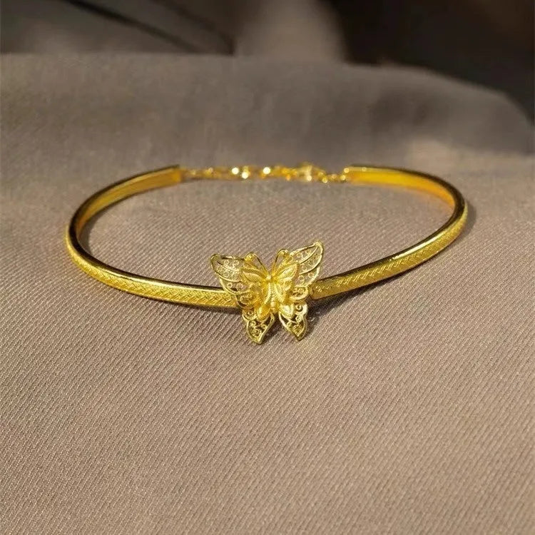 Women's copper half bracelet with ancient silk butterfly and hemp pattern, electroplated finish