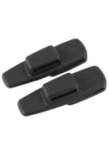 Two black ABS plastic universal car seat belt stopper clips on a white background.