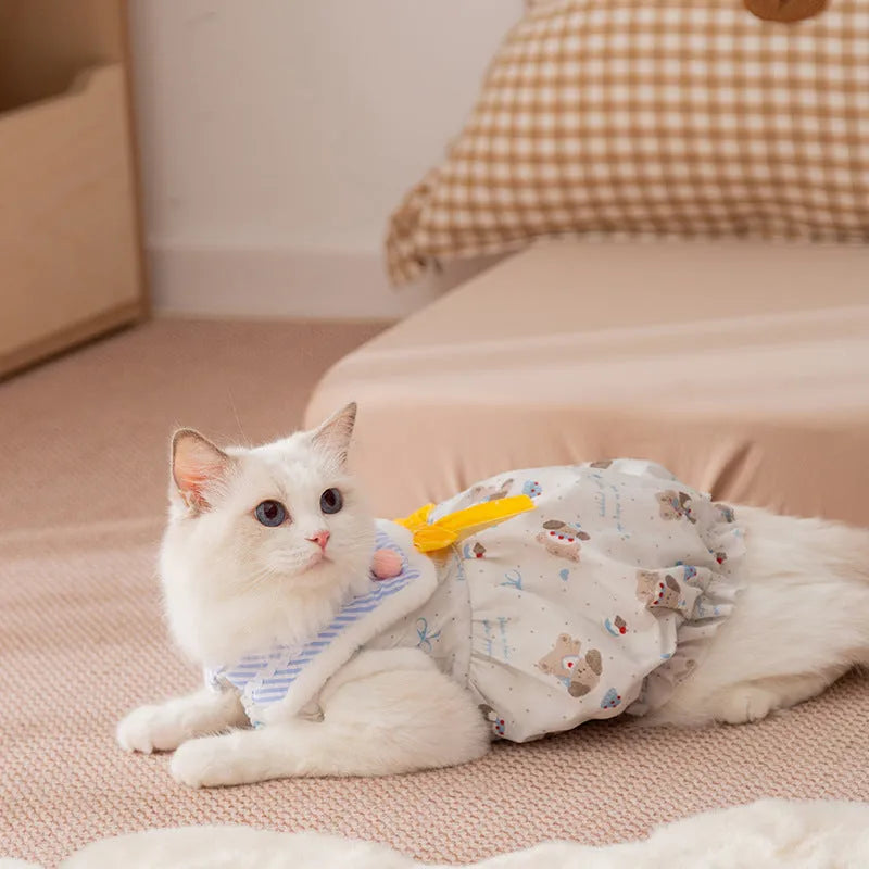 Autumn winter pet clothes for small dogs and cats, warm skirt with built-in D-ring belt in blue and red.