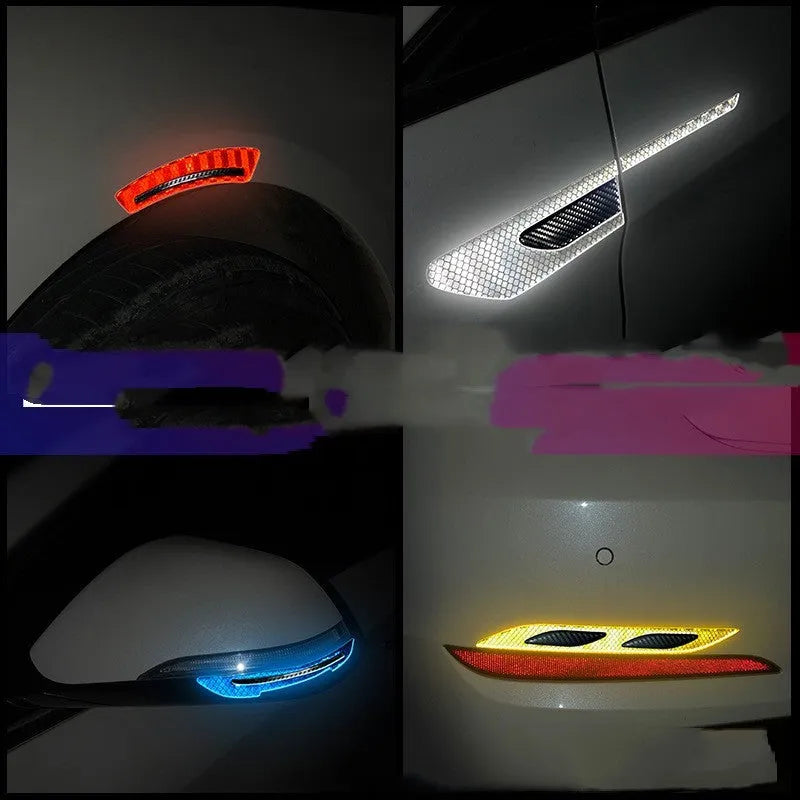 Blue reflective warning tape applied to car wheel bumper showing 17mm width and universal fit design