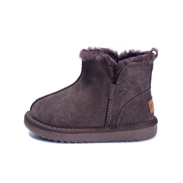 Children's genuine leather winter snow boots with wool lining in khaki, pink, and brown, sizes 21-30