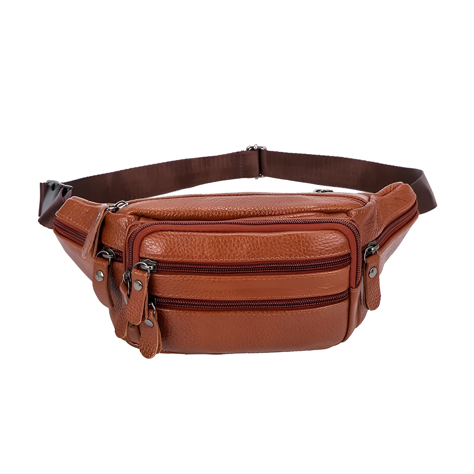Cowhide men's belt bag in brown leather, horizontal square shape with zipper, size 23x13x8cm on model