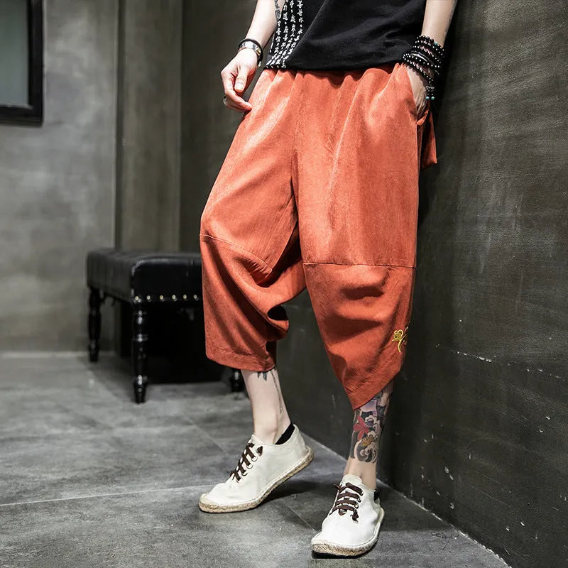 Ice silk harem casual pants for women, loose cropped style, black polyester fibre