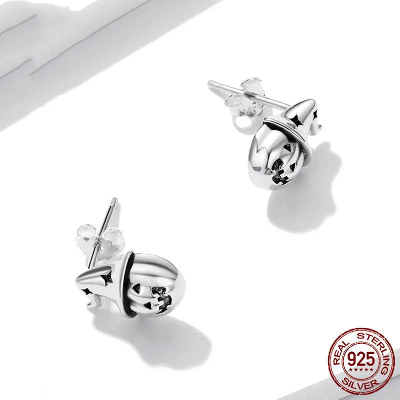 Wansheng pumpkin S925 sterling silver stud earrings, geometric horror element design, BSE537, 1x0.7cm, one pair