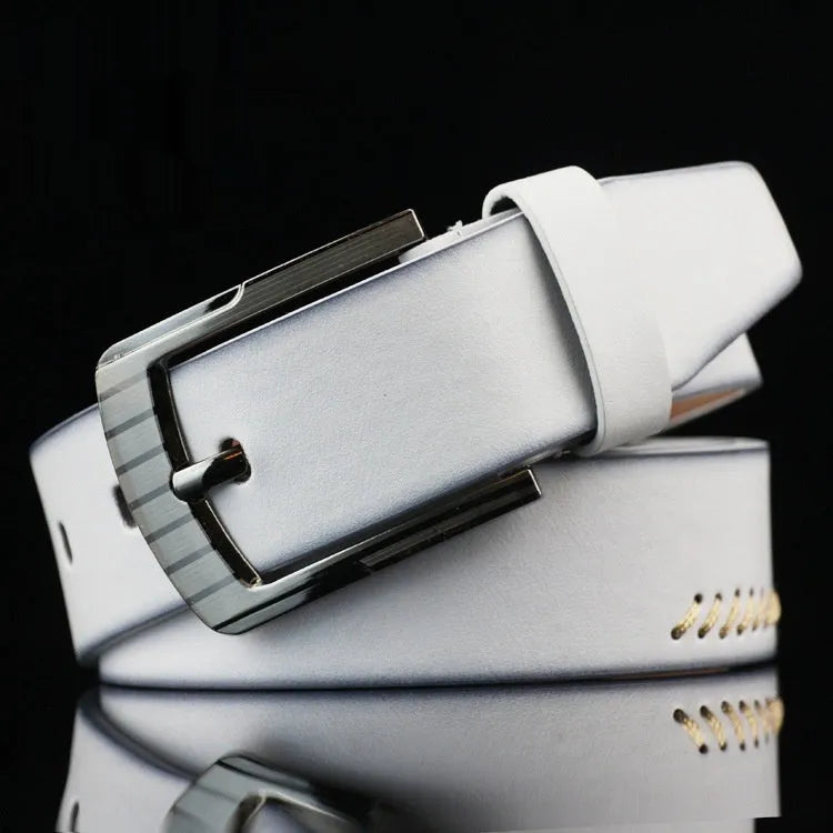 Men's threading pattern pin buckle belt in retro style with alloy fastener