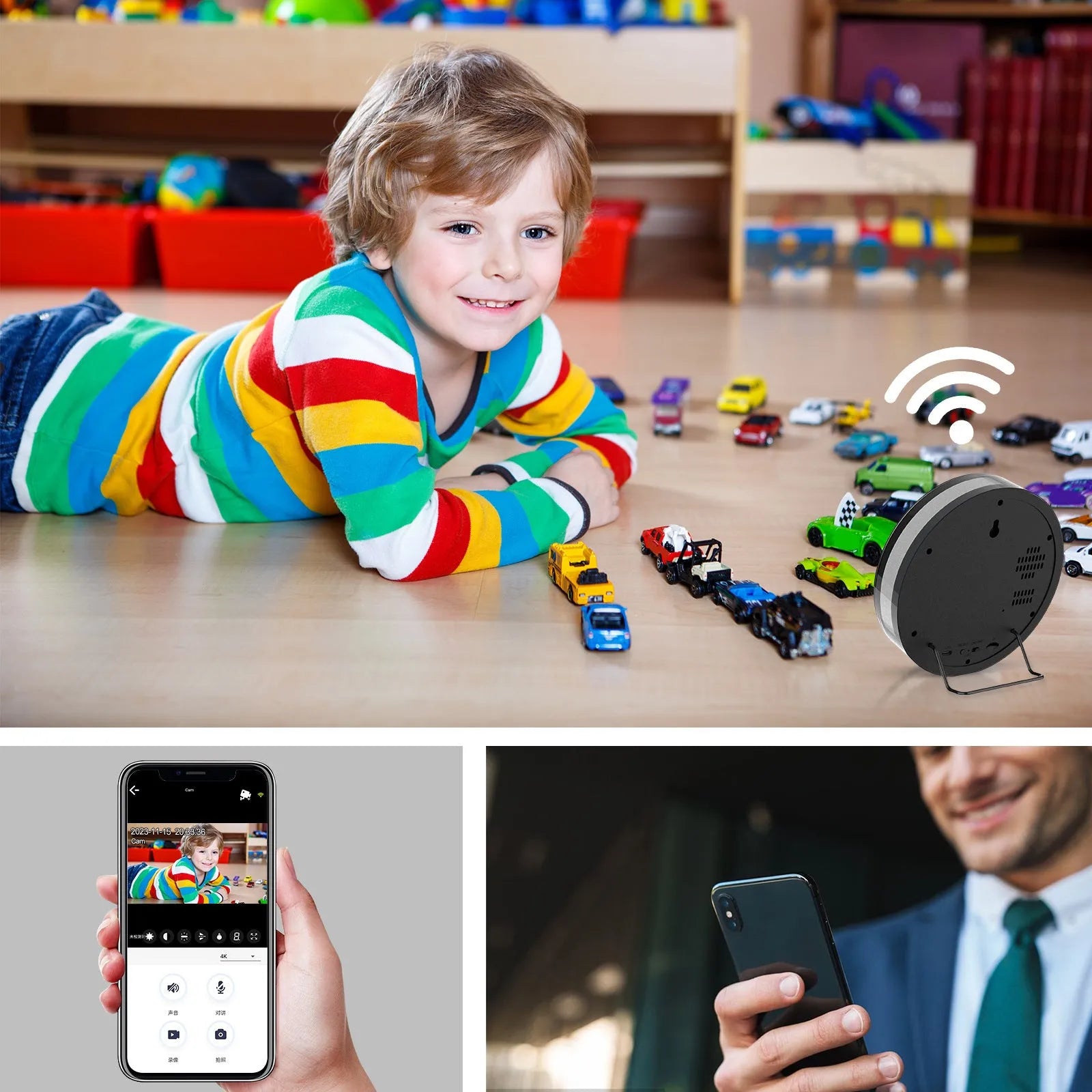 Black wireless smart surveillance camera with night vision and voice conversation on a desk