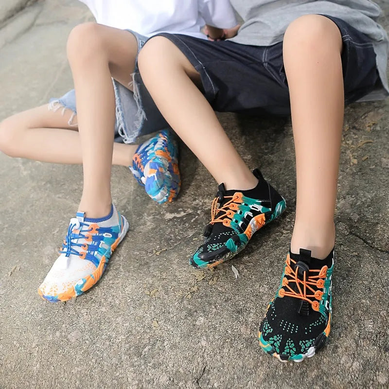 Children's quick-drying hiking wading shoes with non-slip rubber sole, breathable upper, in black and pink, sizes 26-38