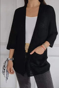 Women's waffle weave cardigan coat with nine-quarter sleeves in army green colour