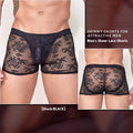 Fashion Personality men's black boxers with a white lace trim detail laid flat.