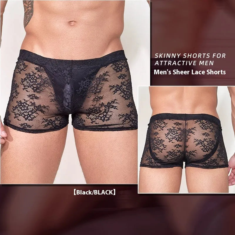 Fashion Personality men's black boxers with a white lace trim detail laid flat.