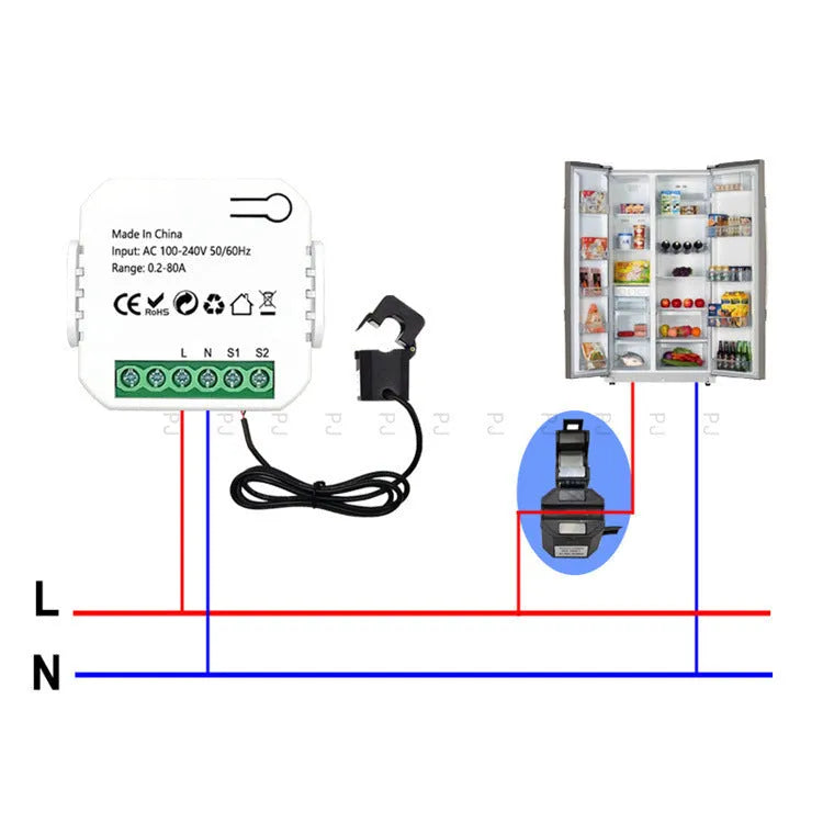 Graffiti WiFi smart meter with current transformer clamp for real-time energy monitoring in home electrical panel