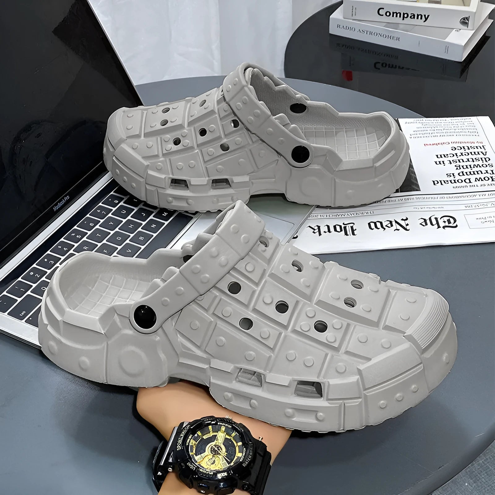 Men's EVA slippers with thick sole and toe holder strap in black, grey, and sand colour options