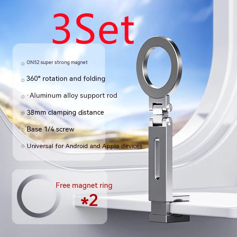 360-degree rotating folding travel mobile phone magnetic bracket in aluminium alloy, grey, 17cm length