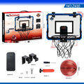 Red and blue folding basketball frame with suction cups, shown in dunking and scoring positions.
