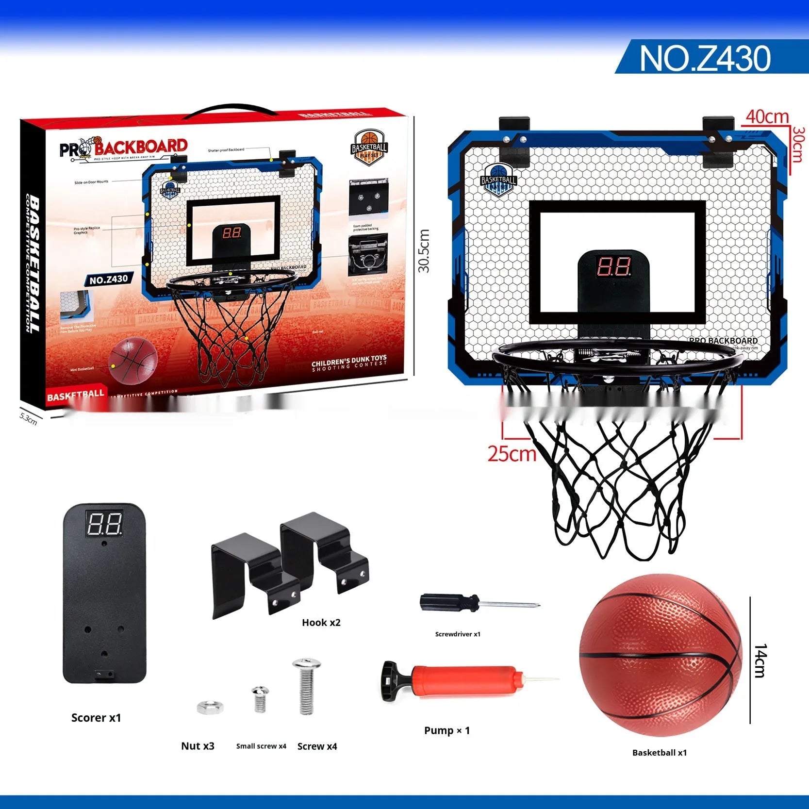 Red and blue folding basketball frame with suction cups, shown in dunking and scoring positions.