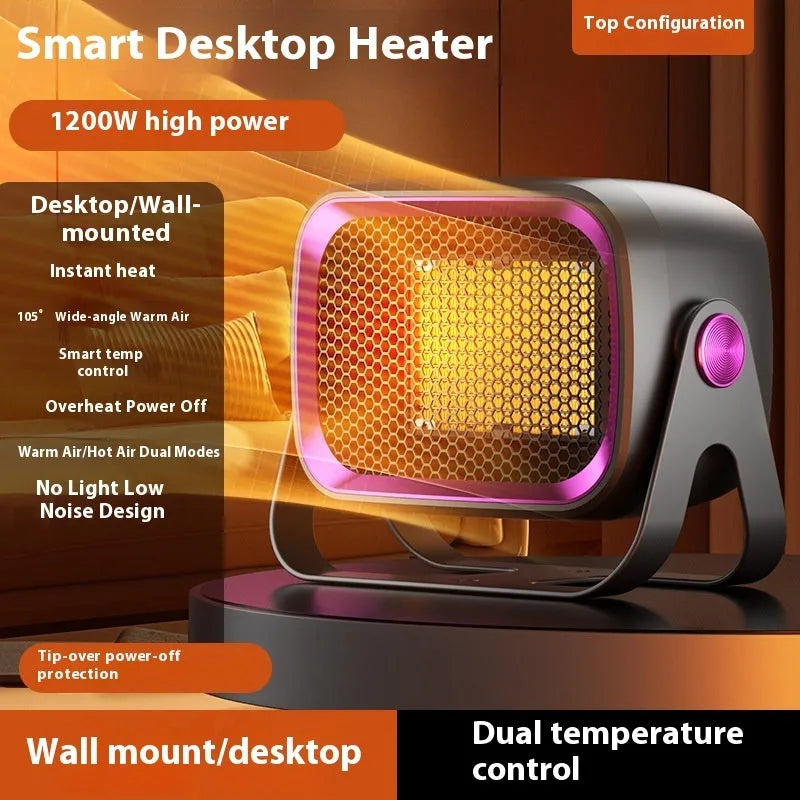 A compact grey desktop electric heater with a rotatable base on a table.