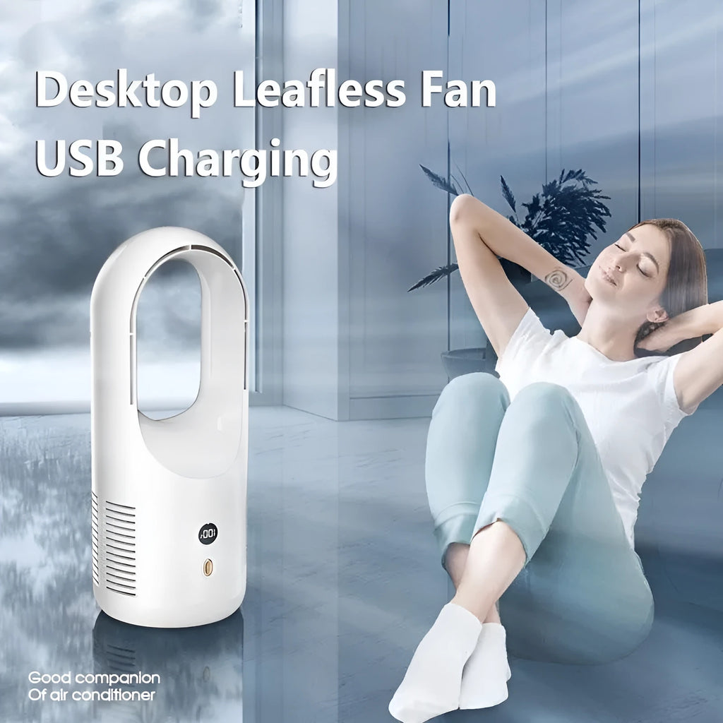 USB rechargeable bladeless desktop fan X28 with LED display showing silent portable cooling