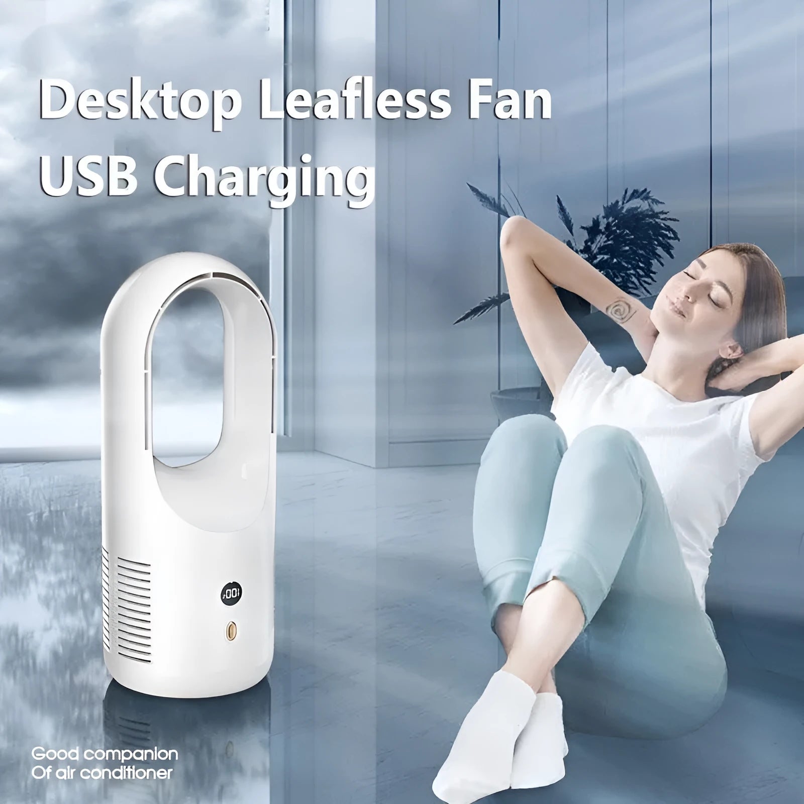 USB rechargeable bladeless desktop fan X28 with LED display showing silent portable cooling