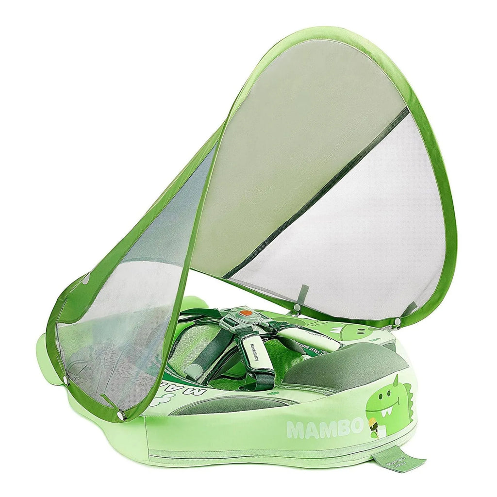 Dinosaur-themed inflatable baby swimming ring with sun shade in green colour