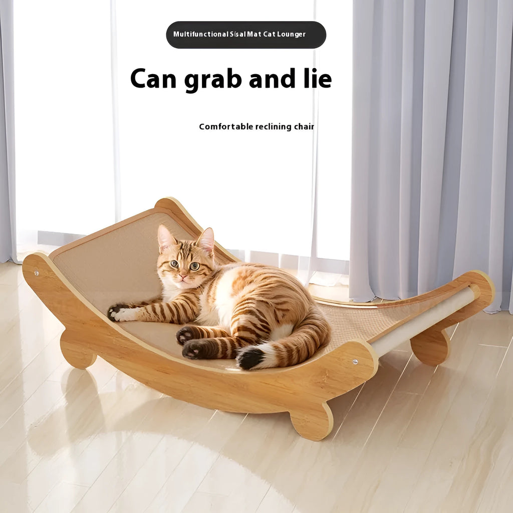 Sisal U-shaped cat scratching lounge chair with nest in pastoral style, showing large, medium, and small size options.