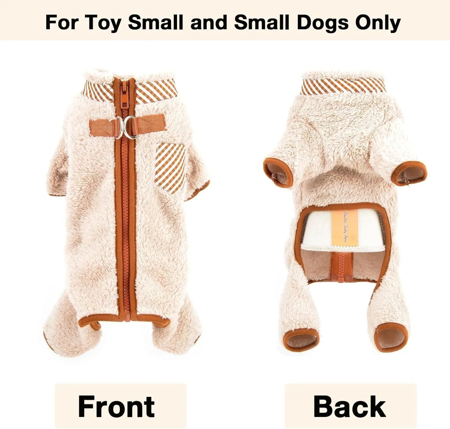 Small dog wearing green fleece coat with back zipper and D-rings, four-legged jumpsuit style