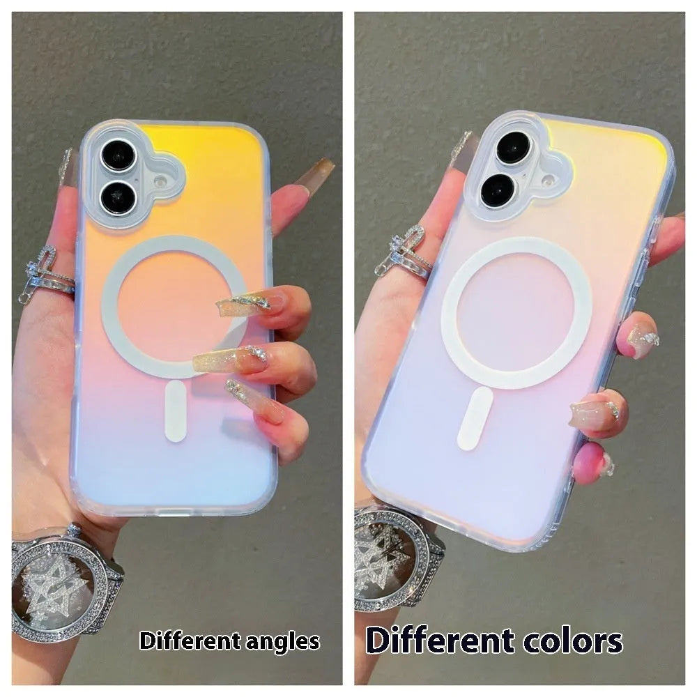 Laser gradient frosted magnetic back cover case for iPhone 17 series on a table