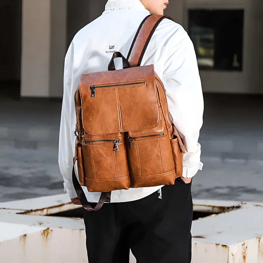 Men's vintage canvas laptop backpack in black with PU leather finish, 14-inch size, sewing thread detailing